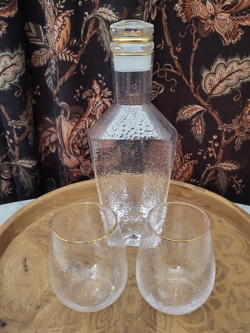 Joshua Steinberg MCM Triangle Textured Glass Decanter w/Gold Trim & 2 Glasses
